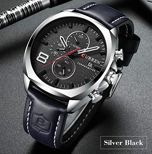 Curren 8324 Reloj de vestir para hombre con dos subesferas de fecha, correa de piel azul, reloj de cuarto de galón - Imagen 5