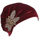 YiYi Operation Women's Stretch Velvet Turban Hat Cancer Chemo Beanie Beaded Flower Hair Wrap Cap Headwear