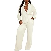 Ophestin Women 2 Piece Dressy Outfits Casual Pleated Long Sleeve Button Down Shirt Wide Leg Pants Loungewear Matching Sets