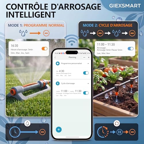 Programmateur d’arrosage WiFi 2 Zones, minuteur d’Eau Solaire Rechargeable à Double Sortie, raccords en Laiton, sans hub, app Smart Life, Compatible Alexa et Google Assistant