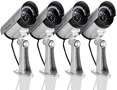 Dummy Security Camera,CCTV Surveillance System with Realistic Simulated Flashing LED for Outdoor/Indoor Use 4 Pack Silver
