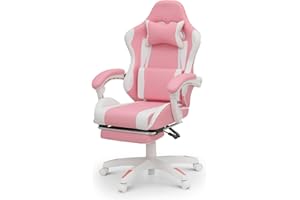 Athena Collection Ergonomic Gaming Chair with Footrest & Headrest Lumbar Support, Height Adjustable Swivel Office Chair Leather High Back Computer Desk Chair Reclining Chair for Adults Kids, Pink
