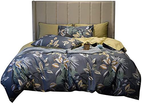 Botanical Queen Bedding Set Floral Teens Comforter Cover Queen Sateen Girls Full Duvet Cover with 4 Corner Ties Yellow Women Duvet Cover for Kids Adults Super Soft Quilt Cover Navy Blue, No Comforter