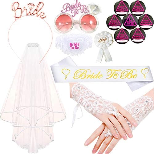 Hen Party Accessories - Bride to Be Sash Set Hen Party Bridal Veil with Comb, Bride Sash, Tiara Crown, Bride Sunglasses, Bride Garter, Rosette Badge, Bride Lace Gloves, Team Bride Badges for Hen Night