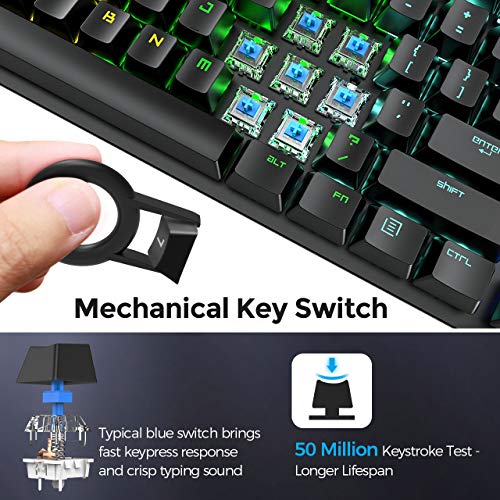 PICTEK Mechanical Gaming Keyboard [2019 Upgraded], Diverse Full-Spectrum Backlight Keyboard, 108 Keys Blue Switches/Detachable Wrist Rest Wired USB Keyboard, Computer Keyboard for PC Gamer - Thumbnail 2