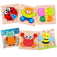 Babe Rock Wooden Jigsaw Puzzles for Toddlers, 6 Pack Set Animal Puzzles Educational Learning Toys for 1 2 3 Years Old Boy and Girl