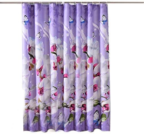 Shower Curtain -Purple Background And Butterfly Flowers Printed Pattern, Mildew And Waterproof Polyester Fabric For Bathroom 180 * 180cm