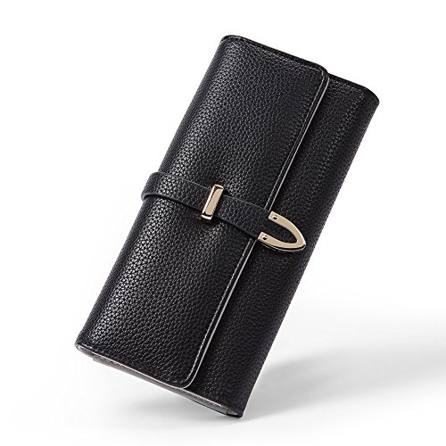 Wallet for Women Leather Large Capacity Trifold Checkbook Card Holder Organizer with Snap Closure Ladies Clutc