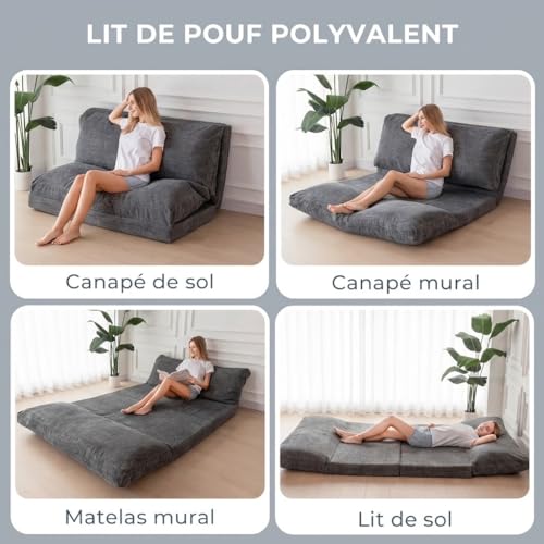 MAXYOYO Folding Bean Bag Chair with Foam Padding, Extra Thick 4 Layers, Mattress/Floor Sofa for Adults, Removable and Machine Washable Cover, Charcoal, 135 x 240 cm