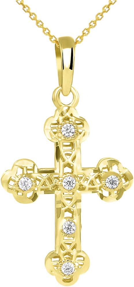 Textured 14K Yellow Gold Filigree Eastern Orthodox CZ Cross Charm Pendant Necklace