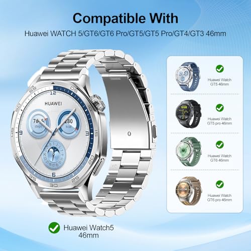 T Tersely 22mm Band Strap for Huawei Watch 5 46mm/GT5 46mm/GT5 Pro 46mm/GT4 46mm/GT3 46mm, Stainless Steel Metal Replacement Band for Huawei