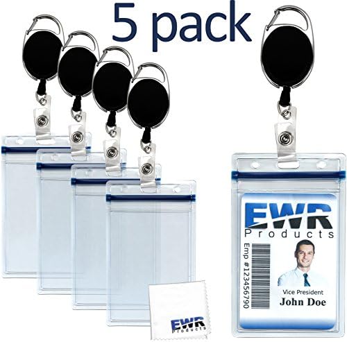 5 Heavy Duty Verticle ID Badge Holders + 5 Retractable Reels w/Carabiners &amp; Back Belt Clips