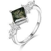 Angol Natural Moss Agate Ring 925 Sterling Silver Rose Gold Engagement Promise Ring for Women Jewelry Gifts (Silver, 6)