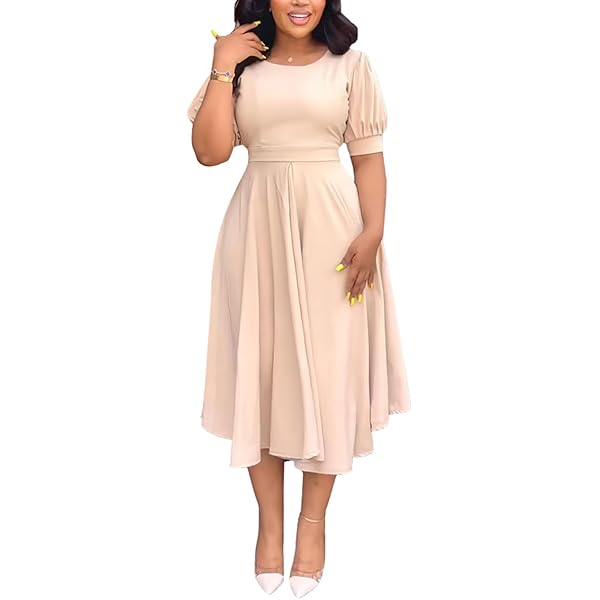Cupitool Women Puffy Sleeve Midi Dress Casual Formal Crew Neck Knee Length  A Line Prom Party Flared Dresses Black at Amazon Women's Clothing store