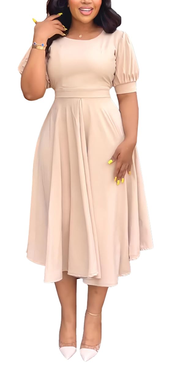 Photo 1 of *MEDIUM* Business Dresses for Women Semi-Formal Fit Casual Slim Short Puff Sleeve O-Neck Elegant Swing A Line Maxi Dresses S
