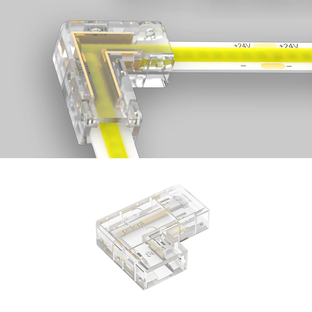 TOKERU 2-Pin 8mm COB LED Strip L-Shape Connectors for Corner Turns, Solder-Free Transparent Adapter for 8mm Single-Color COB Strips, 10-Pack