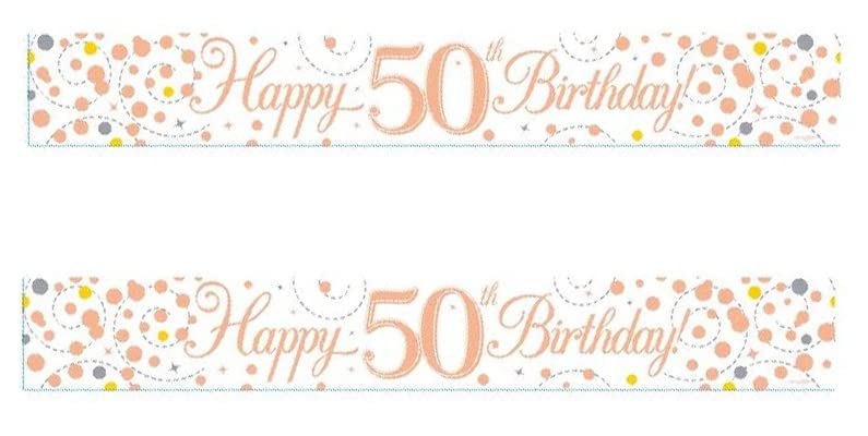 Partyangels 2 PACKS of 50th Birthday Banner / Sparkling Fizz Age 50 Birthday White & Rose Gold Holographic Party Banner Decor