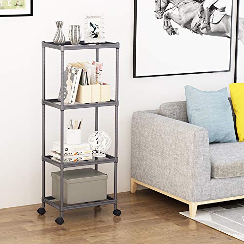 Cozzine 4-Tier Storage Shelves, Adjustable Storage Unit Heavy Duty Steel Tube Wire Mesh Shelving Unit with Wheels for Home/Office/Garage/Pantry Organizer (17.3''x11.8''x47.24'')