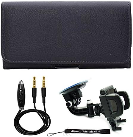 Premium Textured PU Black Leather Belt Hip Holster (CEL330) For Apple iPhone 6s Plus (with Case) and Windshield Car Mount and AUX Cable