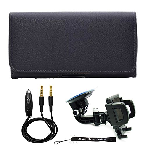 Premium Textured PU Black Leather Belt Hip Holster (CEL330) For Apple iPhone 6s Plus (with Case) and Windshield Car Mount and AUX Cable