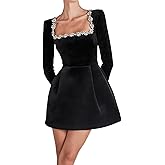 Women's Elegant Velvet Dress Long Sleeve Square Neck Pearl A Line Flowy Bridesmaid Cocktail Party Midi Dresses