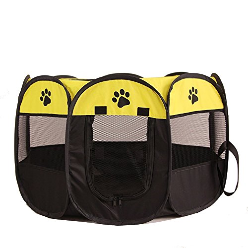 UNFADE MEMORY Portable Foldable Pet Playpen, Indoor/Outdoor, Dog/Cat/Puppy Exercise pen Kennel, Removable Mesh Shade Cover, dog pop up silhouettes pet pen - Yellow, M