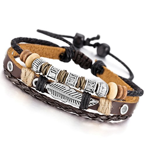 MOWOM Brown Silver Tone Alloy Genuine Leather Bracelet Angel Wing Feather Surfer Wrap Adjustable - Thumbnail 3