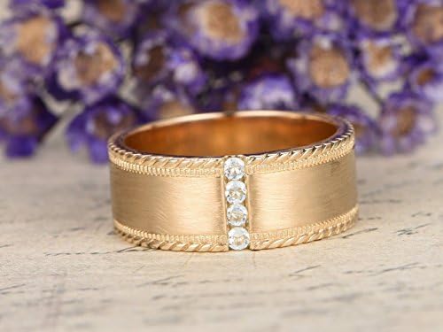 Solid 14k Yellow Gold Women Men Natural Blue Aquamarine Wedding Band Wide Thick Engagement Ring Plain Gold Ring Art Deco Milgrain Bridal Anniversary Gift Round Cut Minimalist