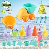 Chanvi Beach Toys Set, Toddler Beach Sand Toy Pool Bath Play Sets (21 pcs)- Included Mesh Bag, Soft Plastic Sandbox Toys with Sand Truck Bucket Shovels Rakes Beach Castle Molds Sea Animal Molds