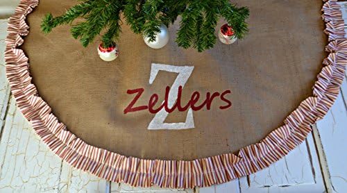 CHRISTMAS Tree Skirt Red and White Vintage Style Ticking painted monogram.