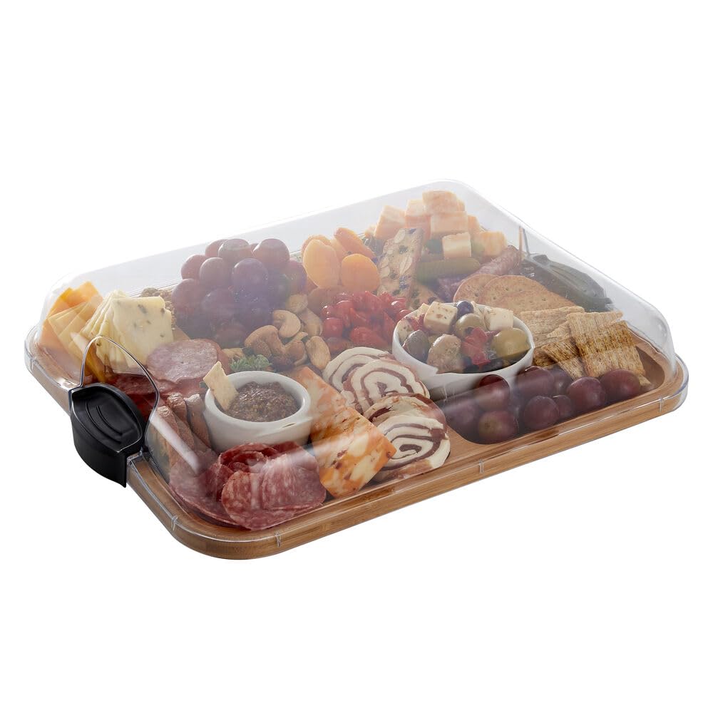 Photo 1 of ***Plastic top is cracked.***Farberware Build-A-Board Bamboo Cutting Board with Built-In Compartments & Clear Locking Lid, Black Handles – Charcuterie, Snack Tray, Food Prep and Serving Platter***Plastic top is cracked.***