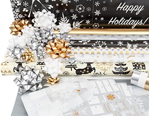 Gold + Silver Luxe Wrapping Paper Set: 6 Rolls with Coordinated Bows, Ribbon, Bags, Tissue, and Gift Tags