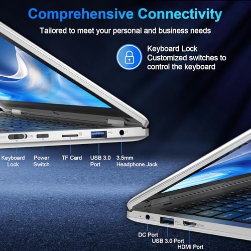 360° Folding Touch Laptop - 11.6 Inches, Laptop PC 6GB RAM 128GB SSD Celeron N4020, IPS Screen 1366 x 768, Laptop for Studies Work Leisure, Computer with Keyboard Film - Silver