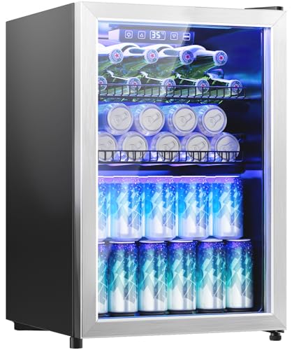 2.5 Cu.Ft Beverage Fridge, Mini Fridge With Glass Door, Beverage Cooler Refrigerator, Wine Drink Beer Cooler, Adjustable Shelves & Digital Temperature Display, 22 Bottle 95 Can