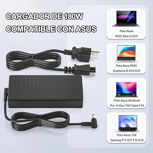 RORALMA 180W Cargador Compatible con ASUS ROG Zephyrus G15 G14 GA502 GA401 TUF F15 F17 A17 A15 FX506 FX505 FX706 FA706 FA506 ADP-180TB H TUF Gaming