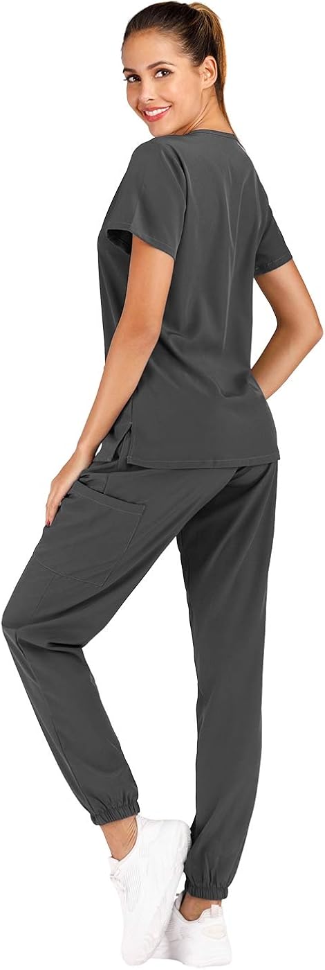 Minty Mint Women's Solid Stretch Medical Uniform Scrub Set V Neck Top Cargo Tapered Jogger Pants