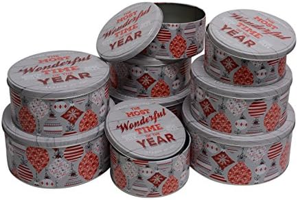 Christmas Tins, round nested, 3 sets of 3 tins, set of 9, Assorted Tins
