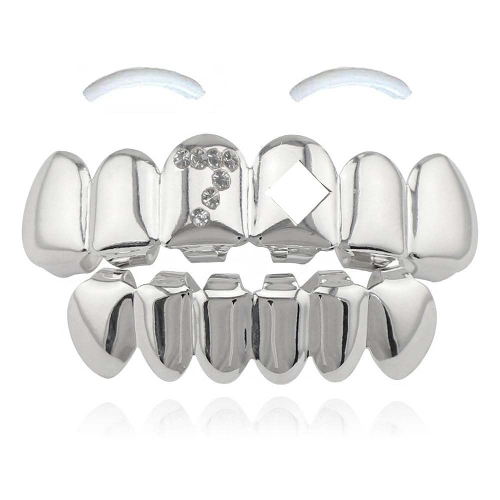 SSyang Hip Hop Teeth, 18K Grills for Mouth Braces Decoration, with 2 Silicone Moldings Hip Hop Teeth, Grills for Mouth Top Bottom Music Festival Party Hip Hop Rapper Decorations, Silver