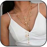Lyfange Gold Rosary Necklace for Women Layered Long Cross Lariat Necklace Colorful Rhinestone Stackable Pendant Necklaces Trendy Boho Jewelry Accessories