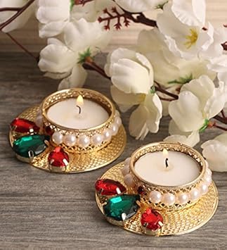 Itiha Red & Green Stone Studded Metal Tealight Holder Diwali Diya with Artificial Pearls- Set of 2