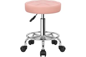 KKTONER Round Rolling Stool Chair PU Leather Height Adjustable Swivel Drafting Work SPA Shop Salon Stools with Wheels Office Chair Small (Pink)