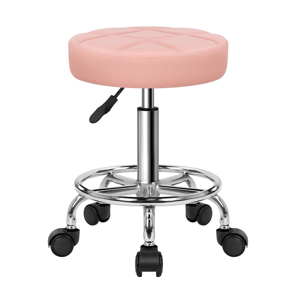 Photo 1 of **MISSING BOTTOM PART OF CHAIR ***KKTONER Round Rolling Stool Chair PU Leather Height Adjustable Swivel Drafting Work SPA Shop Salon Stools with Wheels Office Chair Small (Pink)