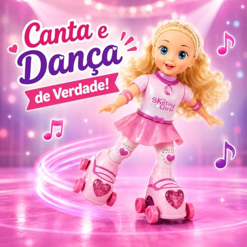 Boneca Patinadora Musical com Luzes, Plástico, 28cm, Dança e Toca Músicas, Patins Iluminados, Alimentação 3 Pilhas AA, para Crianças 3 Anos+ (AZUL)