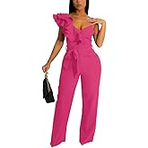 HBQ Womens Casual One Piece Jumpsuits V-Neck Sleeveless Ruffle Backless Belted Elegant Romper Wide Leg Pant Sexy Party Clubwear Overalls-Rose Red-XXL