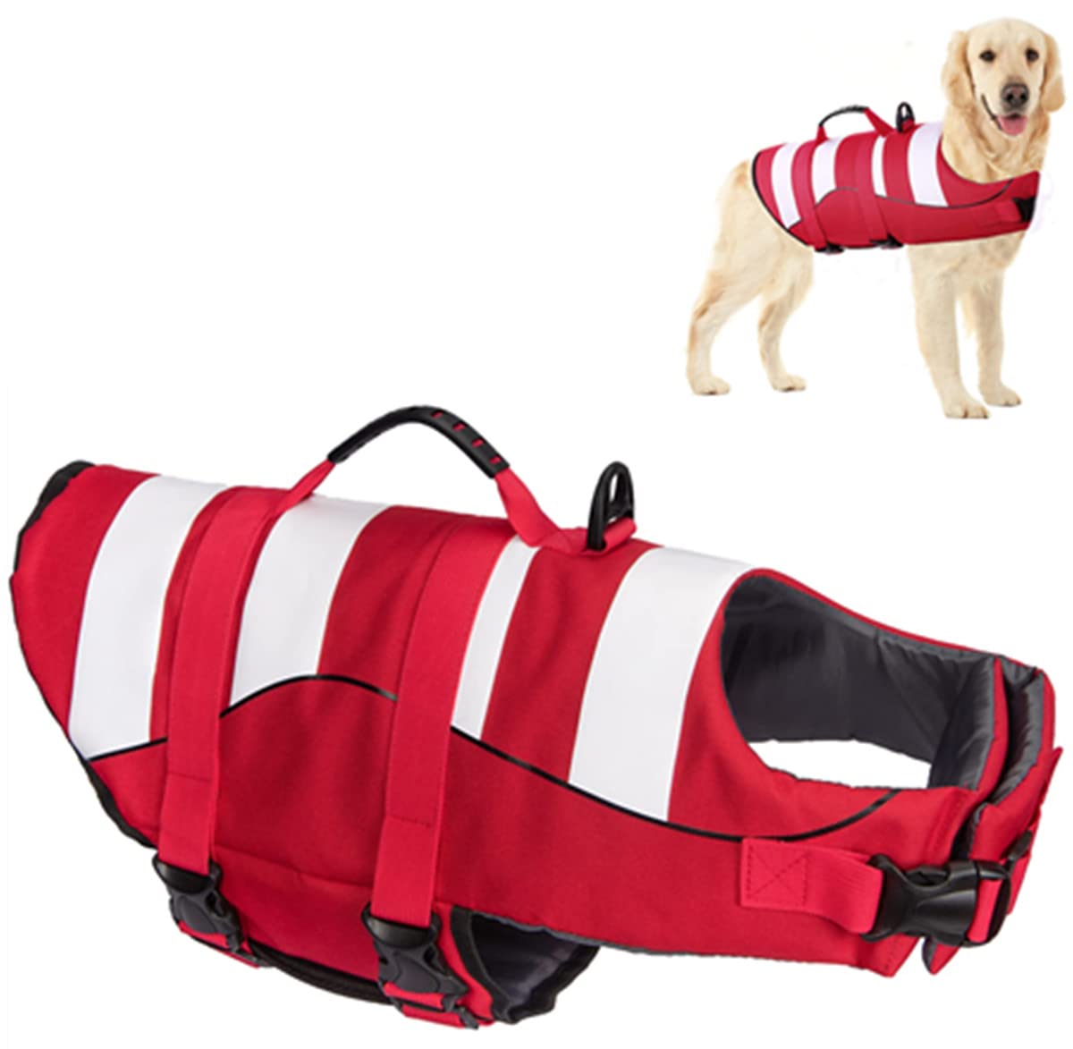 Dog Life Jacket with Reflective Stripes,Adjustable High with Strong Rescue Handle Dog Life Vest for Swimming and Boating (Red, S (Chest Girth: 16.5"-20.9"))