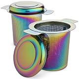 Loose Leaf Tea Infuser and Diffuser with Lid - Cute Tea Brewing Accessories Set For Parties - Premium Stainless Steel Coffee, Fruit, Cold Brew, Water Infuser - Iridescent, Rainbow Steeping Sets of 2