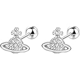 Aloluo 20G Tiny Cute Saturn Stud Earrings for Women Silver Plated Cubic Zirconia Planet Aesthetic Y2k Earring Small Ball Screw Back Studs Mini Cartilage Tragus Long Post Dainty Space Jewelry Gifts