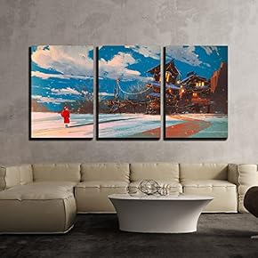 3 Piece Canvas Wall Art - Illustration - Winter Landscape with Wooden House at Christmas Night,Illustration Painting - Modern Home Art Stretched and Framed Ready to Hang - 16"x24"x3 Panels