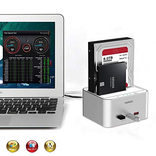 FIDECO Hard Drive Docking Station, USB 3.0 to SATA HDD Docking Station Dual-Bay External Hard Drive Dock with Offline Clone Function for 2.5"/3.5" SATA HDD SSD Drives, Support 2X 10TB, Silver