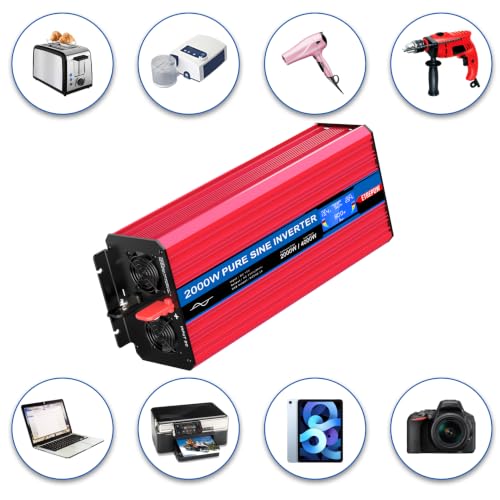 ETREPOW 2000W Inverter 12 V 220 V Pure Sine Wave Transformer with 2 EU Sockets and USB, Wireless Remote Control, LCD Display, Peak 4000 W | 2 EU AC Sockets, 1 USB Port, Wireless Remote Control and LCD Screen for Car, Camping, Travel